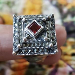 Sterling Silver and Marcasite with Garnet Ring